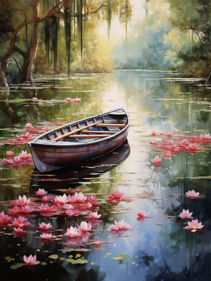 Serene Painting of a Wooden Rowboat