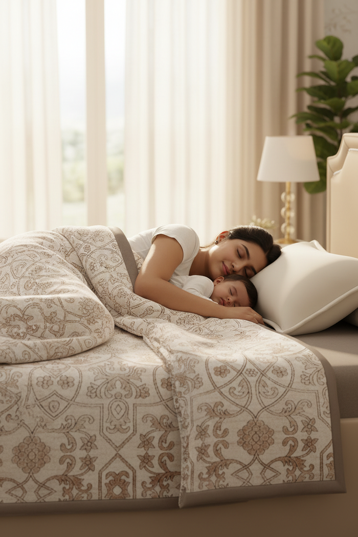 Single Size 2-Ply Blanket for Mild Winter, Beige Printed (2.20 L m x 1.60 W m), Gardenia Augusta