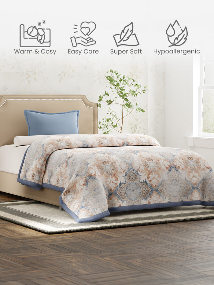 Single Size 2-Ply Blanket for Mild Winter, Blue & White Printed (2.20 L m x 1.60 W m), Gardenia Augusta
