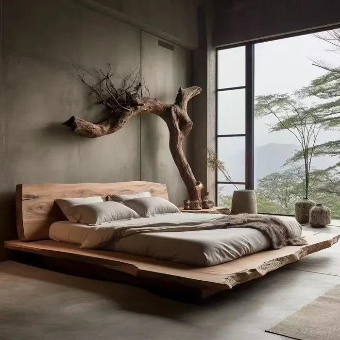 Solid wood double bed Elm tatami model room double bed