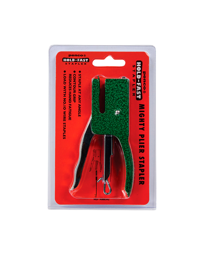 A retail-packaged hole-and-fast mighty piler stapler by Rhino. The stapler features a textured green handle and black metal arms, mounted on a bright red cardboard backing card with white and black text.