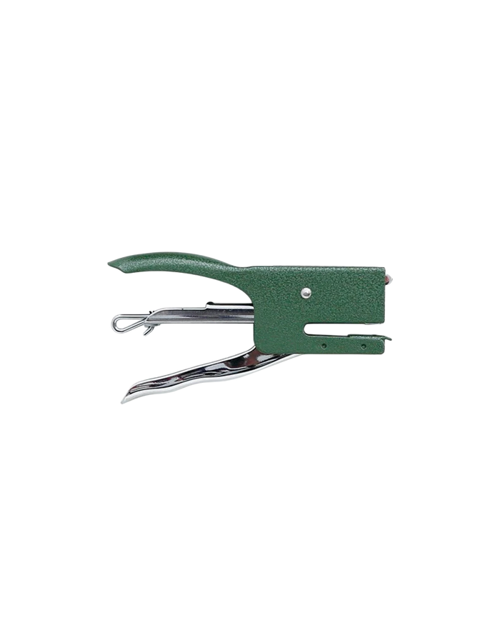 A green metal nailer tool with silver metal jaws, shown from a side profile on a solid white background.