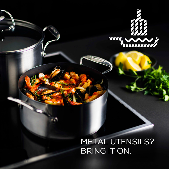Steelshield's stainless steel nonstick stock pot is metal utensil safe and scratch resistant.