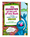 Children's book cover for 'The Monster at the End of This Book' featuring the blue Sesame Street character Grover waving in front of a brick wall and a Sesame Street sign.