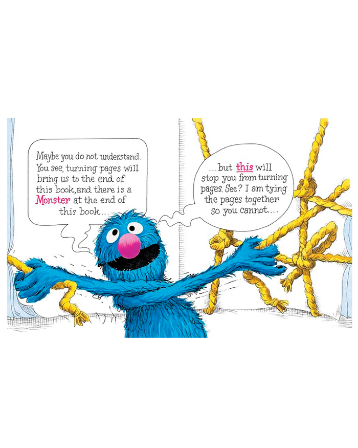 A comic-style illustration of a blue monster character with a pink nose reaching toward yellow ropes, with two speech bubbles containing text on a white background.