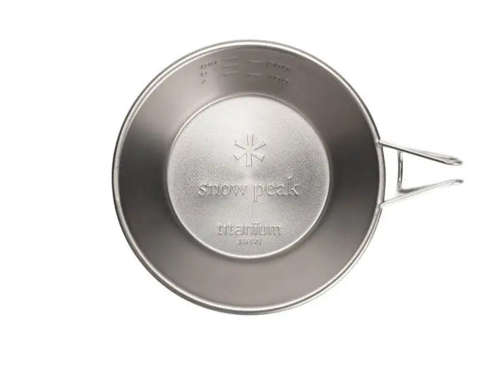 Snow Peak Titanium Backpackers Cup with logo and measures