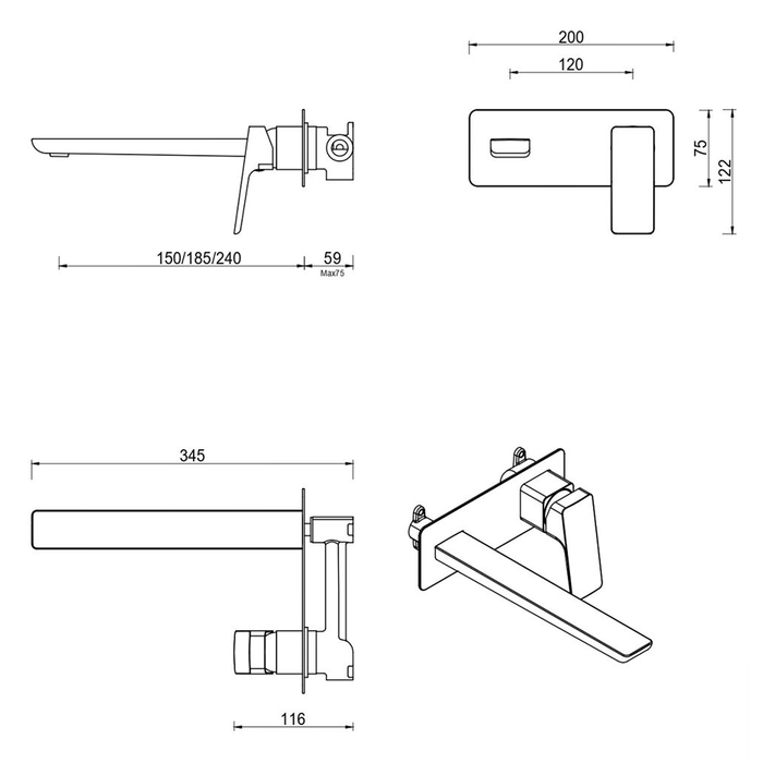 Tiago Chrome Wall-Spout Combo - Trim Kit Only