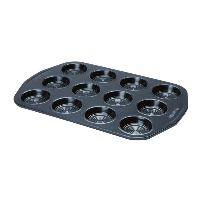 12 cup shallow bun tin on white background