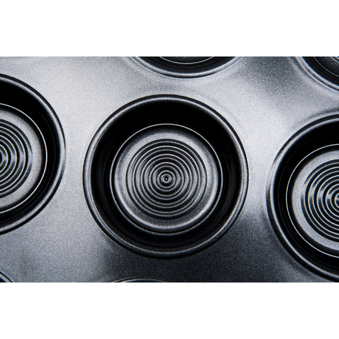 Close up of Circulon circles in a cup of the bun tin.