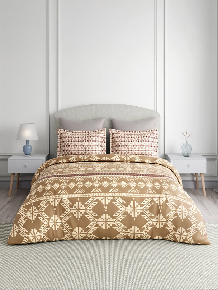 Valatia Gypsy 100% Cotton 200 TC Ethnic Printed King Bedsheet with 2 Pillow Covers - Brown & White