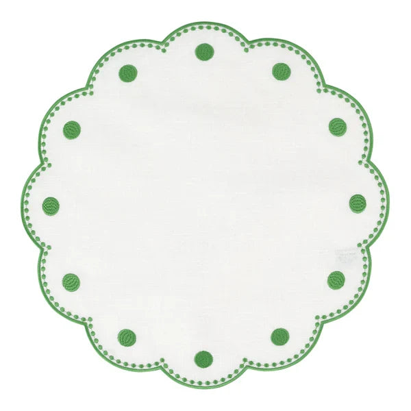 Vietri Tessuti White Round Placemats - Sage Green Dots- Set of 4