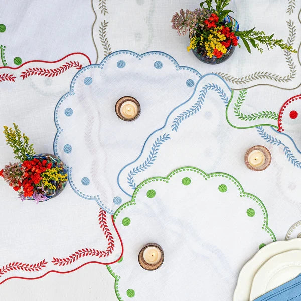 Vietri Tessuti White Round Placemats - Sage Green Dots- Set of 4