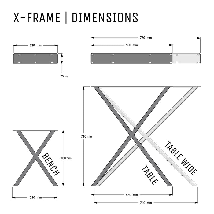 X - Frame Industrial Legs - TABLE/DESK (H71CM X W58CM) - 75x25mm